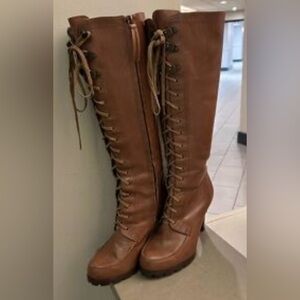 Ralph Lauren High Heel Brogue Lace Up Knee High Leather Riding Boots Shoes 6.5